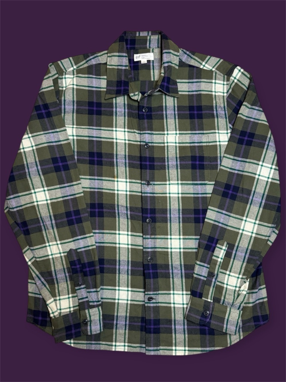 NWOT GAP Green, Purple & White Plaid Button-Down Shirt Fleece Men’s sz L